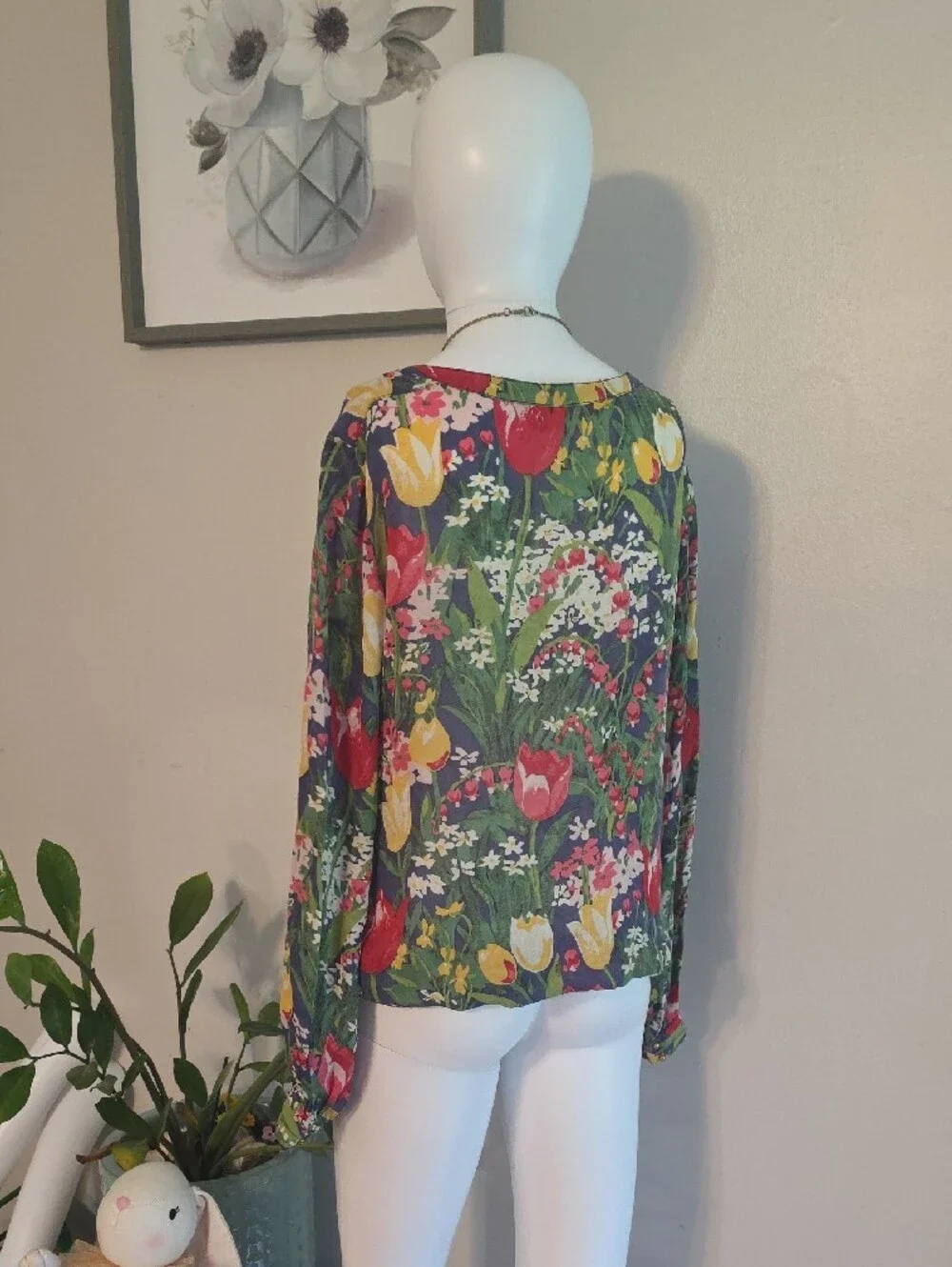 Floral Long-Sleeve Scoop Neck Blouse - Green Multi
